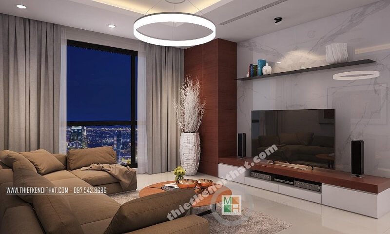 Không gian phòng khách chung cư được trang trí tiện nghi với bộ sofa bọc vải cao cấp kết hợp với đèn trang trí đẹp mắt, tạo nên không gian lí tưởng.