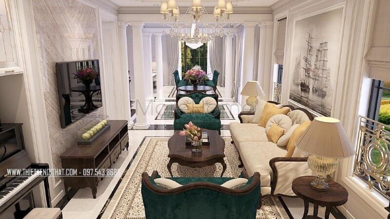 Thiết kế nội thất cho phòng khách biệt thự cao cấp có phong cách tân cổ điển đậm chất ấn tượng với những đường nét sống động và chi tiết tinh tế.