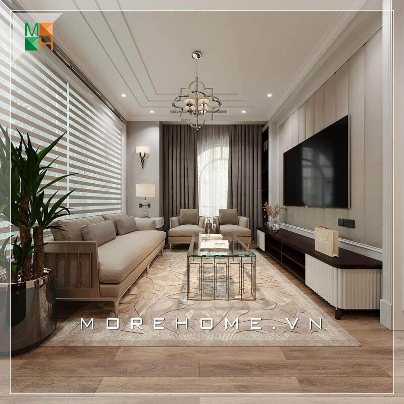 Morehome đề nghị một mẫu thiết kế nội thất cho phòng khách của căn hộ chung cư, nhà phố tiện nghi và có phong cách tân cổ điển sang trọng.