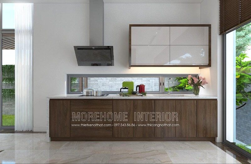 Tủ bếp hiện đại với sự kết hợp hài hòa giữa 2 màu trắng và nâu óc chó chủ đạo đem lại không gian nội thất tinh tế và đầy hấp dẫn.