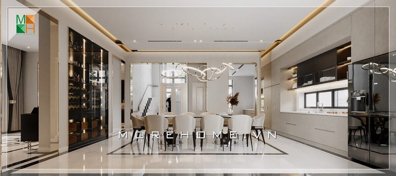 Mẫu tủ rượu bằng gỗ tự nhiên cánh kính giúp cho không gian phòng bếp trở nên sang trọng hơn