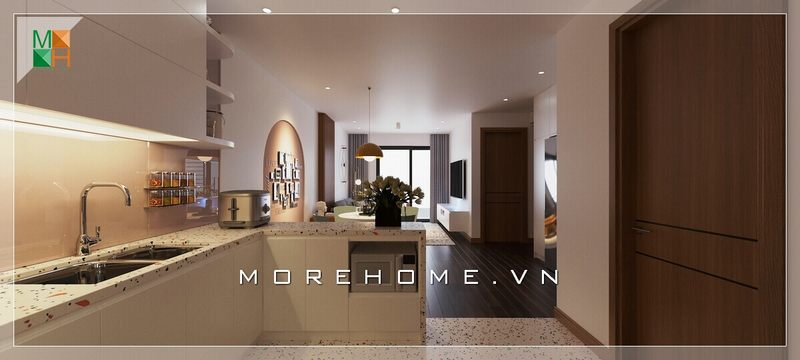 Đối với những ngôi nhà chung cư có diện tích khiêm tốn, mẫu thiết kế bếp đơn giản này là sự lựa chọn phù hợp, giúp đảm bảo tính tiện nghi của người sử dụng.