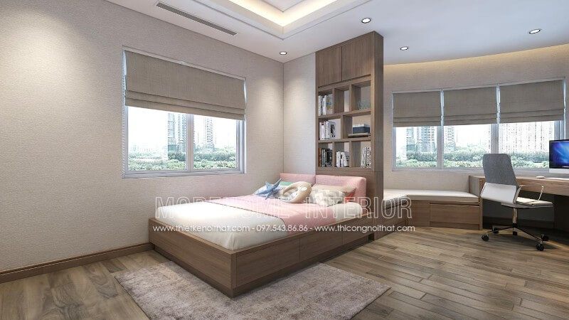 . Phòng ngủ được trang bị nội thất tối giản với một chiếc giường hiện đại có kệ trưng bày và ngăn kéo ở phía sau giúp tối ưu hóa không gian và tạo nên một vẻ đẹp độc đáo.